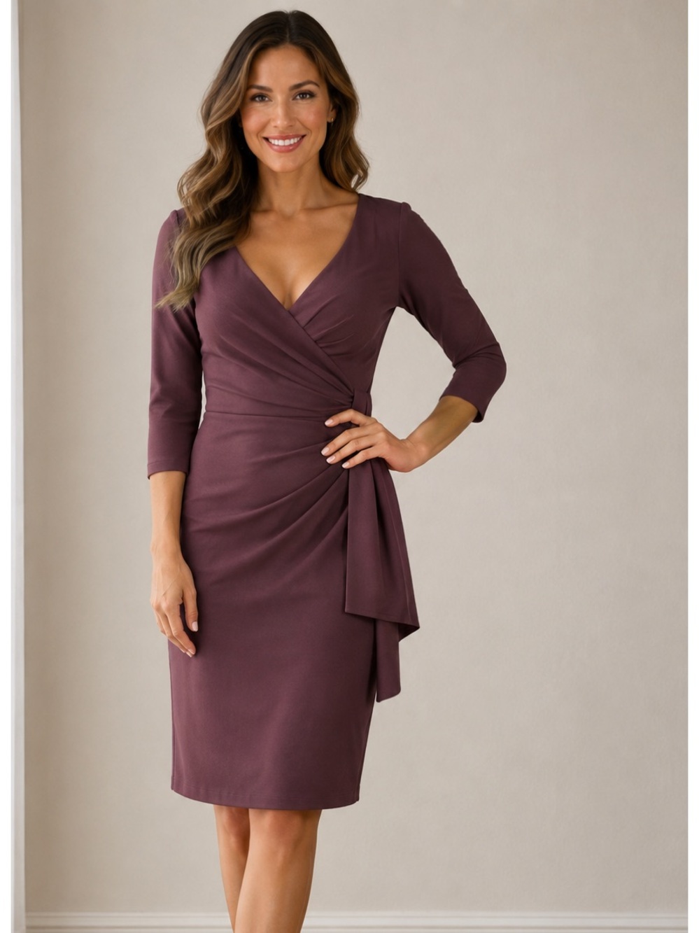Oleg Cassini Dress with drape sash Chianti Wine Plum 3/4 Sleeve Women’s Sz 12